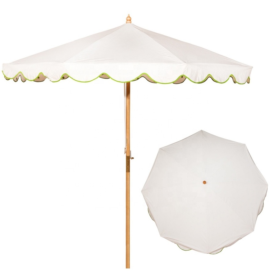 Handmade outdoor garden sunshade decoration UV 50+ cotton canvas pool side patio wooden umbrella with scalloped valance