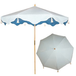 Custom screen printed natural vintage cotton canvas octagonal wooden frame home garden parasols umbrella with scalloped edge