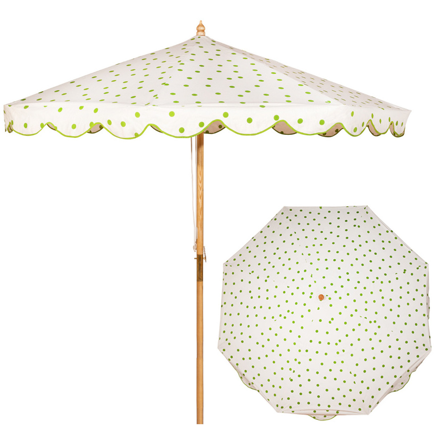 Custom screen printed natural vintage cotton canvas octagonal wooden frame home garden parasols umbrella with scalloped edge