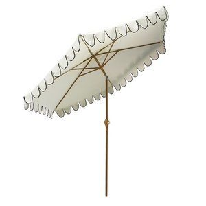 Vintage 2.7m 6k iron frame durable garden parasol wood grain aluminum pole crank handle large patio umbrella with ruffled fringe