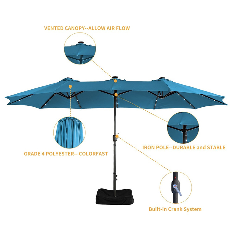 Large 15Ft Double-Sided Steel Frame Twin Outdoor Sunshade Parasol Commercial Market Solar Powered Lighted Garden Patio Umbrellas