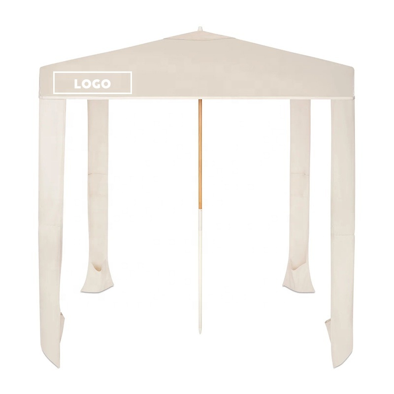 Premium design uv50 polyester cotton canopy custom logo outdoor wooden beach aluminum pole umbrella cabanas with waved fringe