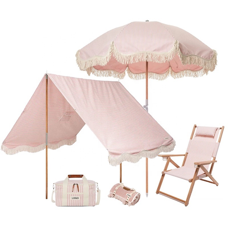 2023 popular premium cotton tassel beach umbrella set UV 50+ canvas canopy shade custom beach umbrella and chair