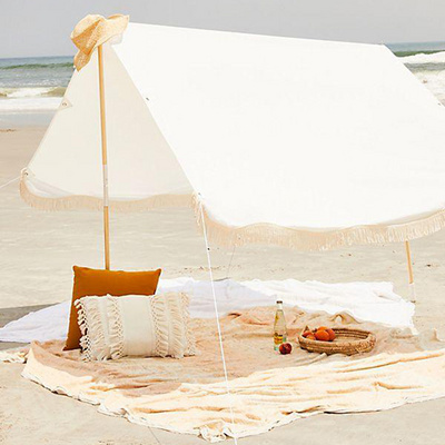 Fashionable Outdoor Beach Camping Sun Shade Shelter Wooden Pole Cotton Canvas tassels Beach Canopy Shelter Umbrella