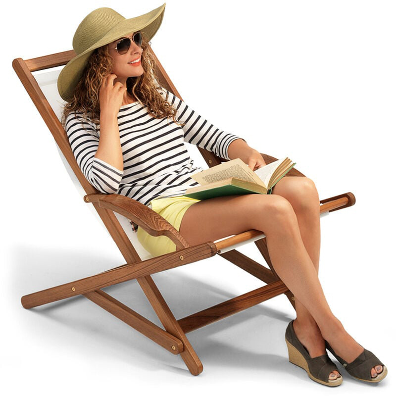 New arrival curved armrest design white cotton canvas wooden beach lounge sling chairs leisure portable for outdoor patio pool