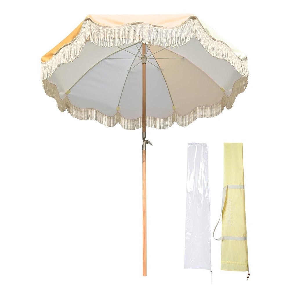 Wholesale Outdoor UV30+ Protection Palm Customized Fringe Umbrella Tilt Market Beech Wood Pole Beach Umbrella For Pool