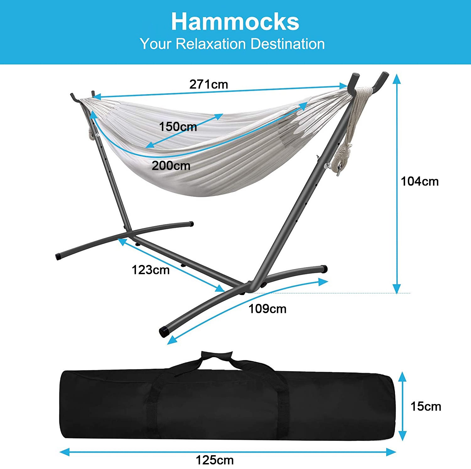 Traditional outdoor leisure cotton canvas hammock swing chair with stainless steel iron pipe stand