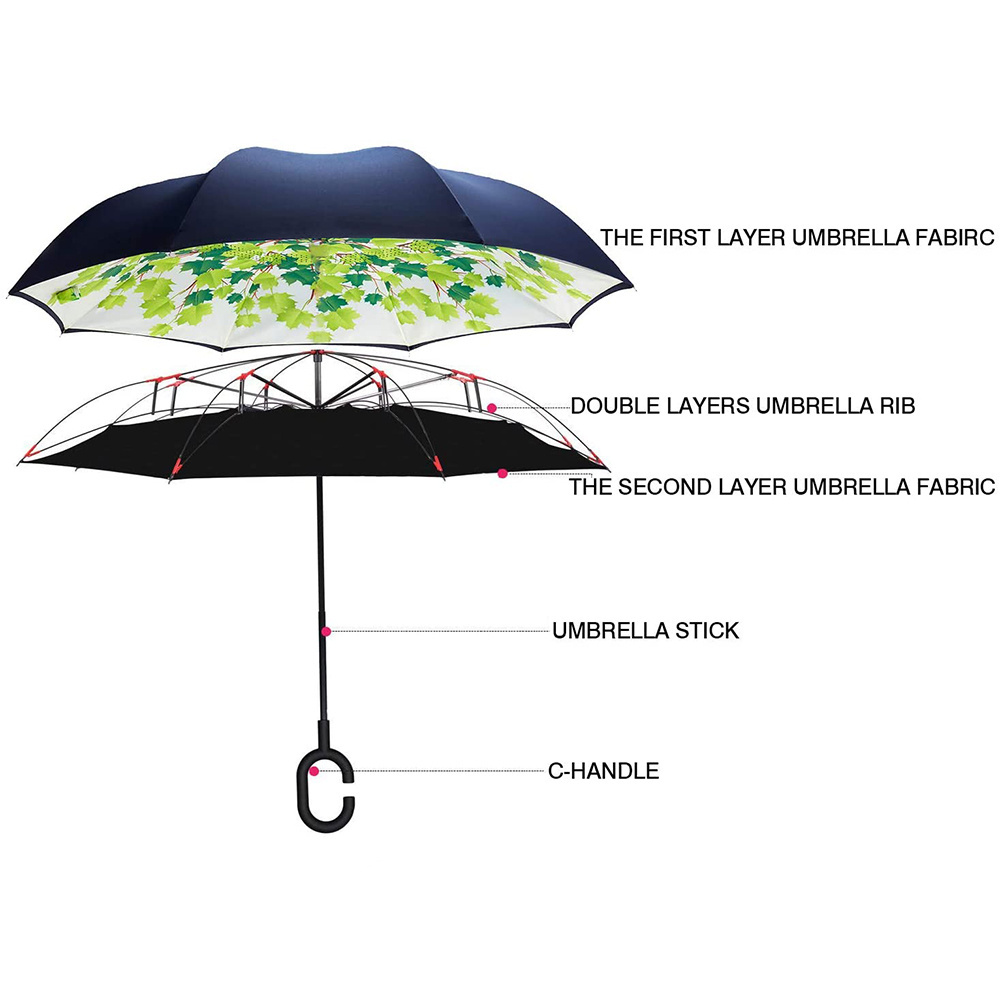 wholesale 8k windproof waterproof umbrella double layer reverse inverted umbrella folding reversible c handler fiberglass ribs