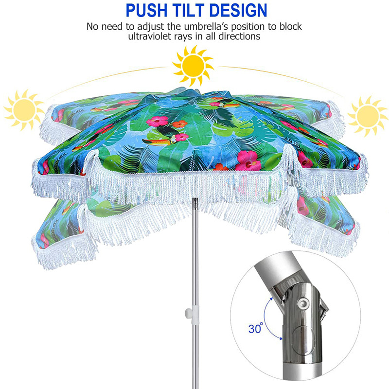 Wholesale 6.5ft Windproof Heavy Duty UV 50+ Polyester Fringe Beach Tilt Parasols Outdoor Sunshade Umbrella with sand anchor