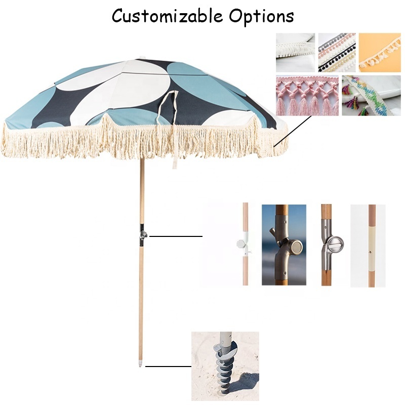 2023 popular premium cotton tassel beach umbrella set UV 50+ canvas canopy shade custom beach umbrella and chair