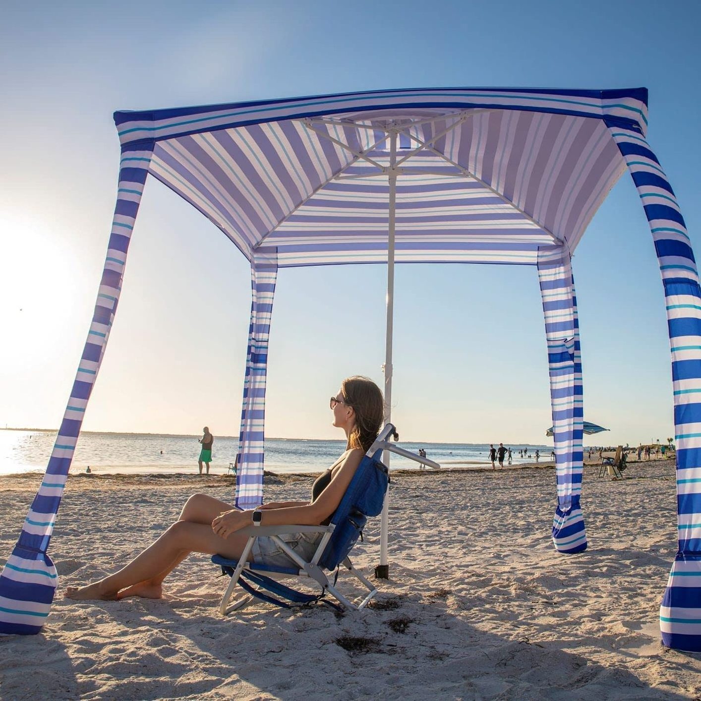 Wholesale square beach umbrella 4 legs corner custom print sun shelter cabana with SPF50 uv protection