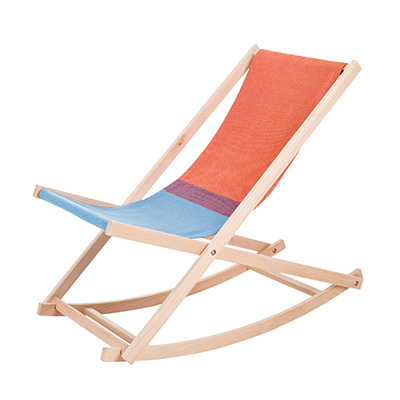 Wholesale new design boho beech wooden beach sling chair poolside outdoor folding cotton rocking deck chair with base