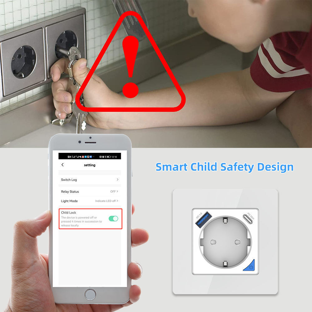 Tuya Smart wall socket with PD30W and QC3.0 timer setting Child safety lock Phone app and Alexa voice controlled