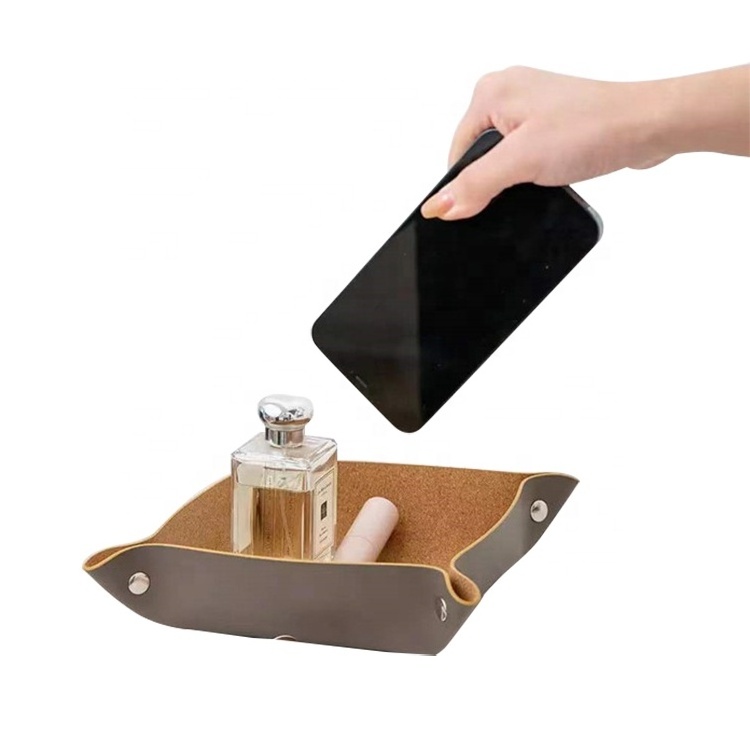 LEECORK Foldable Cork Leather Coin Tray Jewelry Candy Key Storage Tray Home Hotel Folding Valet Tray