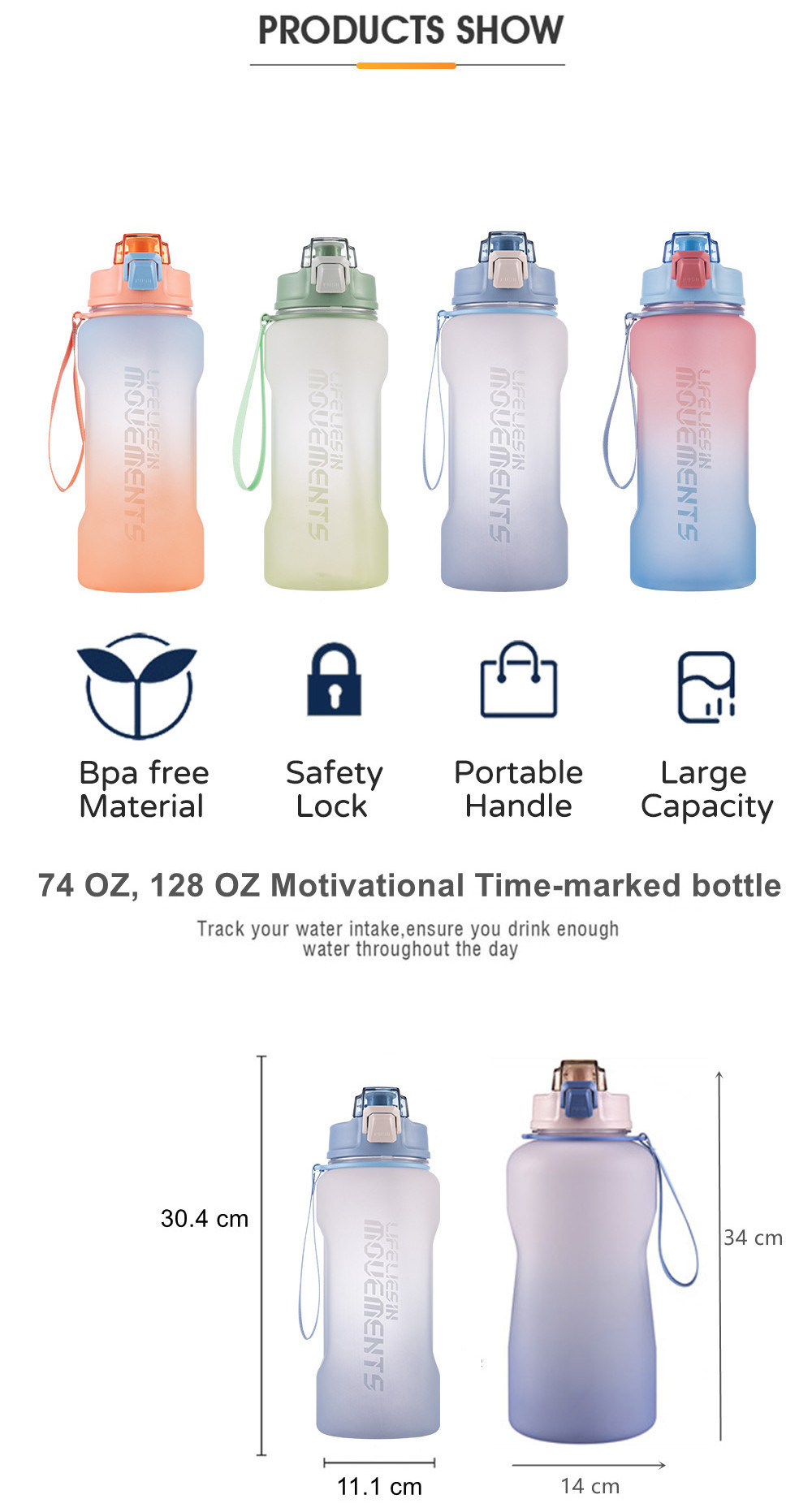 Factory price large capacity 2 liter water bottle motivational water bottle 2 liter sports water bottle with straw and time mark