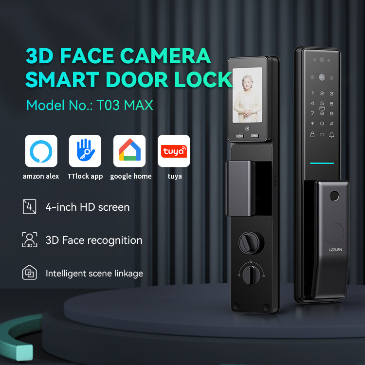 LEELEN cerraduras electronica security deadbolt door lock fingerprint 3D face recognition smart lock with camera