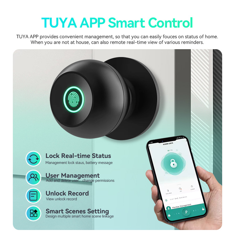 LEELEN bluetooth smart lock door knob tuya app control double locking biometric fingerprint cylindrical knob door lock