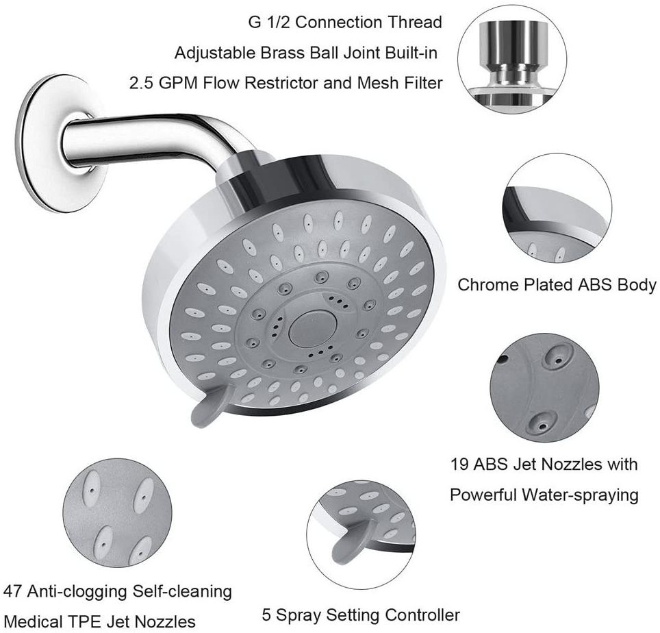 Hot sales high pressure fixed shower head rainfall 5-Setting luxury shower even at low water flow