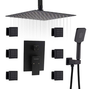 Matte Black Wall Mount Conceal Shower Faucet Set with Bathroom Square Rain Shower Head