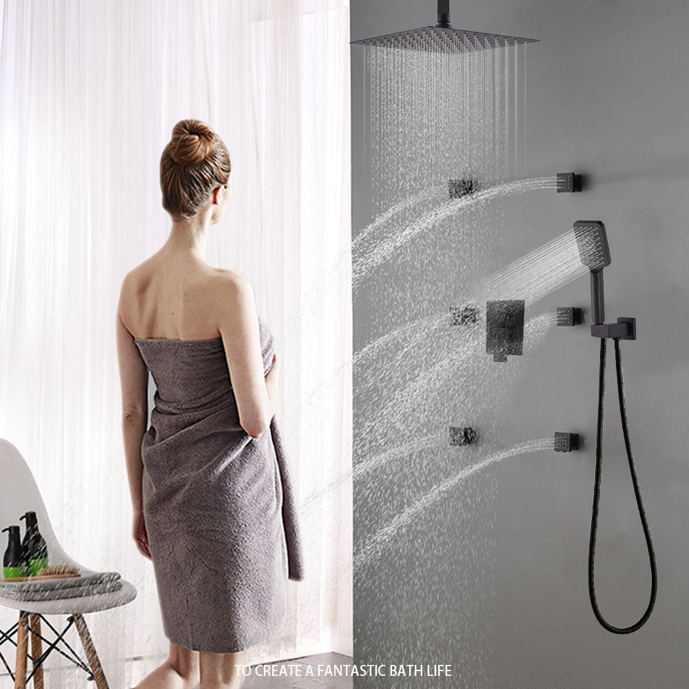 Matte Black Wall Mount Conceal Shower Faucet Set with Bathroom Square Rain Shower Head