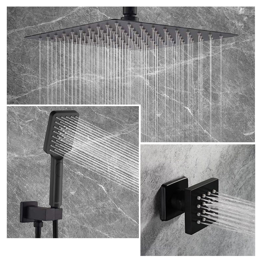 Matte Black Wall Mount Conceal Shower Faucet Set with Bathroom Square Rain Shower Head