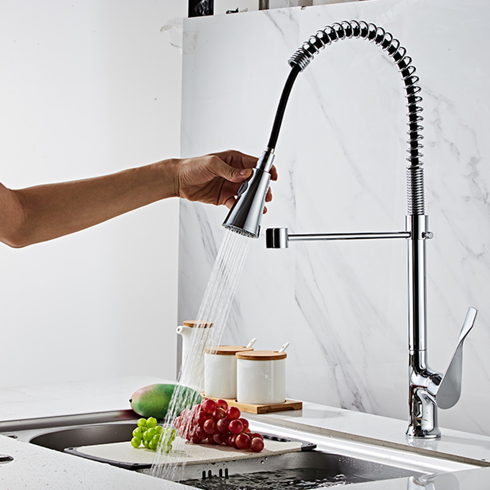 Kitchen faucets with Pull Down Sprayer 304 Stainless Steel Chromed Single Handle Single Hole Faucet for Farmhouse