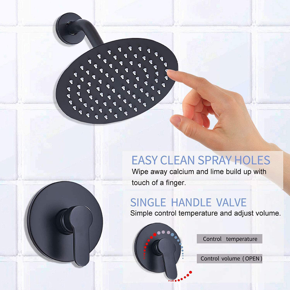 20cm Round Stainless Steel Shower Head Shower Kit with Shutoff Valve Complete Rain Shower Faucet System