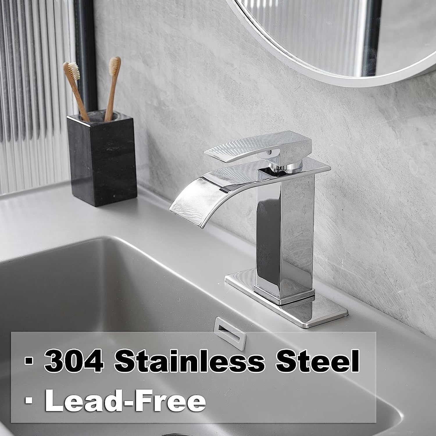 Bathroom Single Handle Waterfall Sink Faucets Stainless Steel Lavatory Commercial Vanity Faucets with Sink Drain and Deck Mount