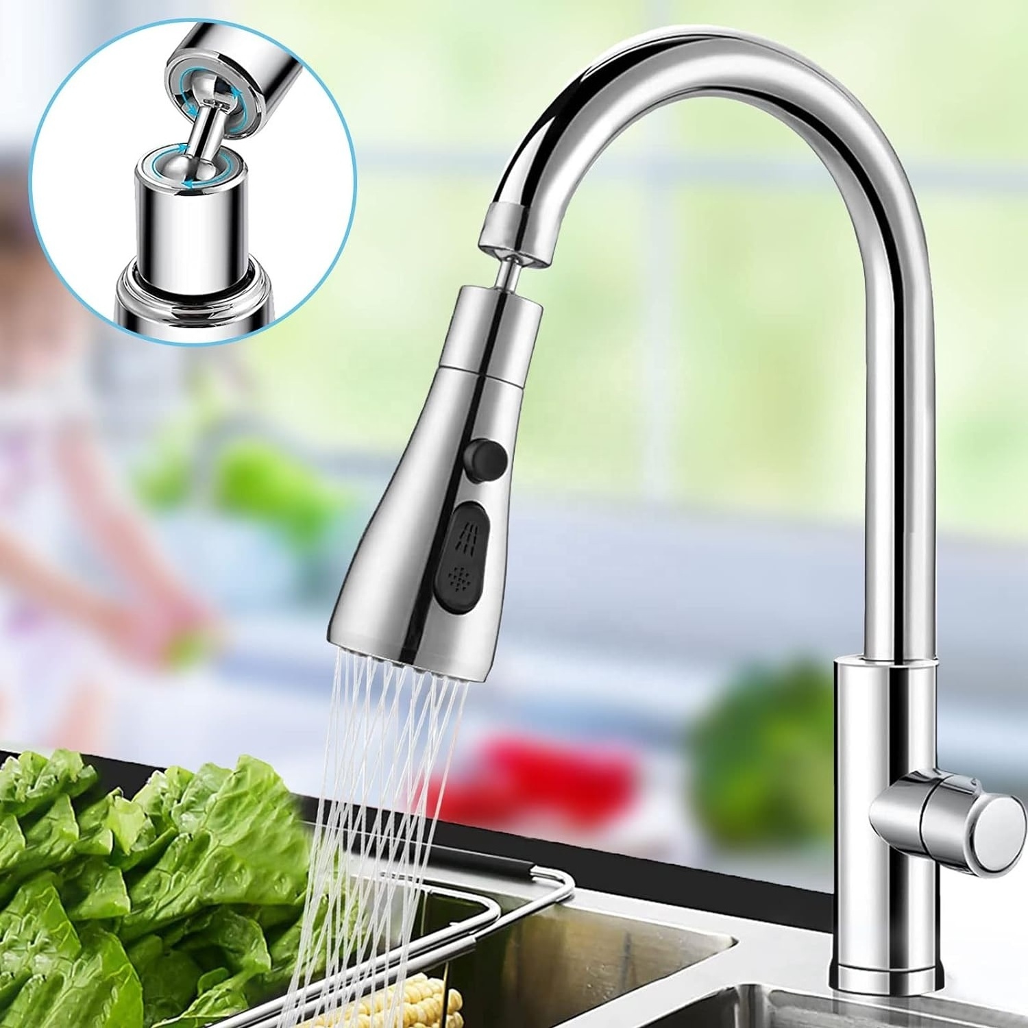 Kitchen Tap Spray Head 360 Degree Swivel Spout, Sink Tap Spray Attachment Head with 3 Function Spray Modes, Kitchen Faucet Head