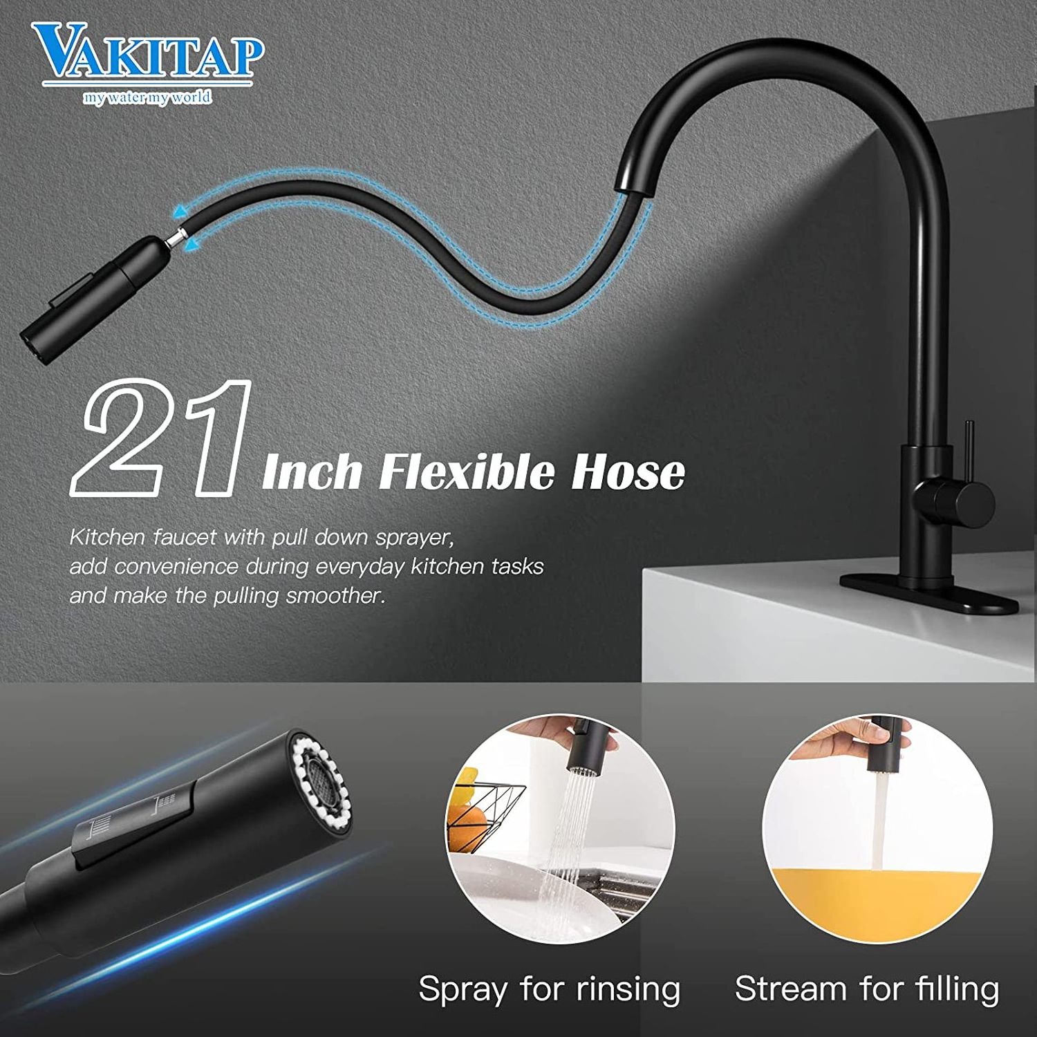 Kitchen Faucet Matte Black, Modern Kitchen Sink Faucet with Pull-Down Sprayer Single Handle Stainless Steel Sink Faucet