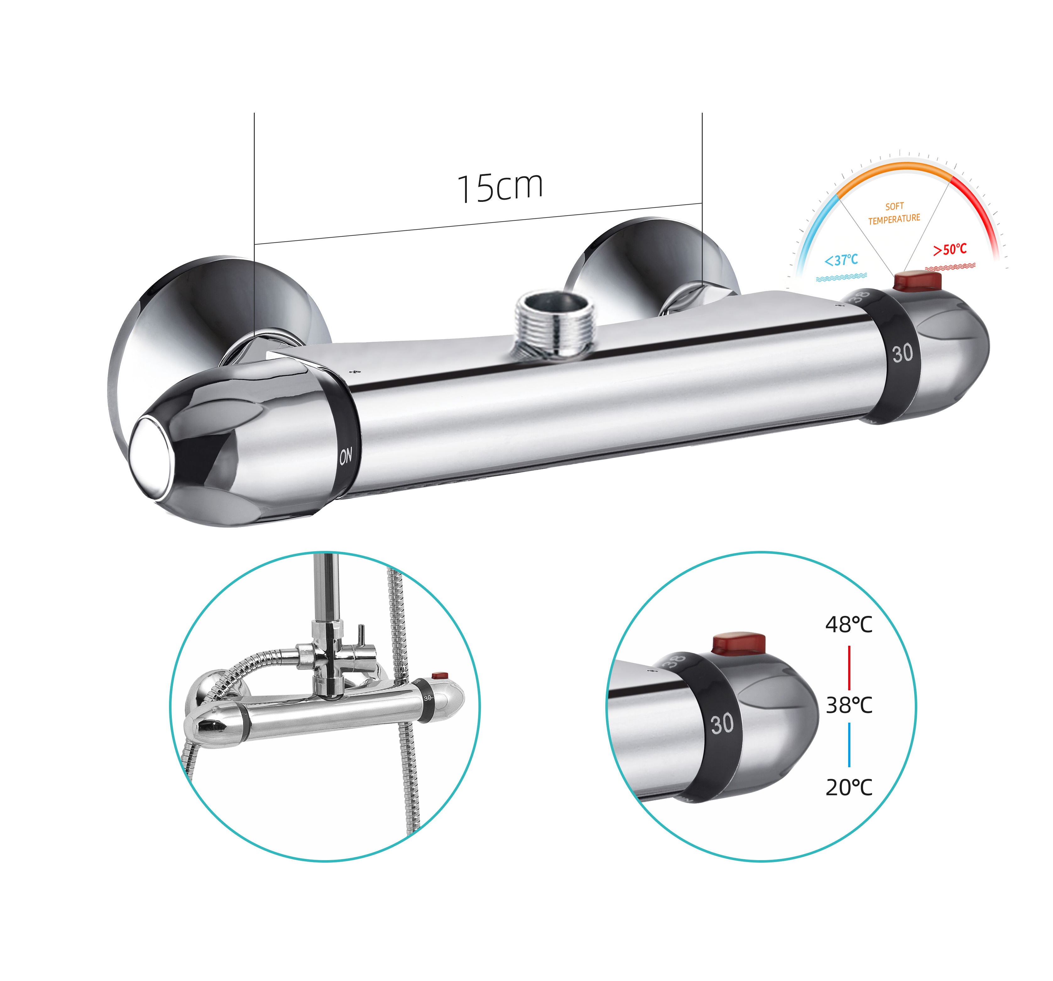 Chrome Thermostatic Shower Mixer Anti Scald Tap Hot Cold Water Mixer Constant Temperature Control for Bathroom