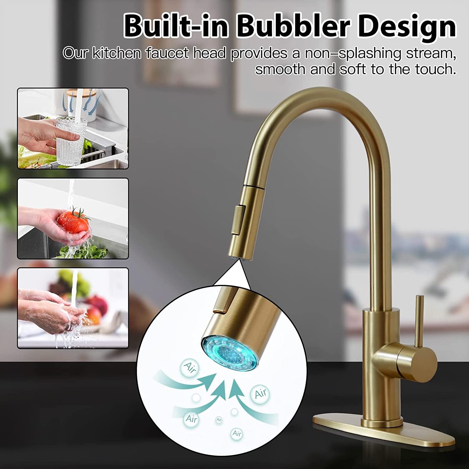 Gold Color Kitchen Faucets Modern Kitchen Sink Faucet with Pull-Down Sprayer Single Level Stainless Steel Faucet