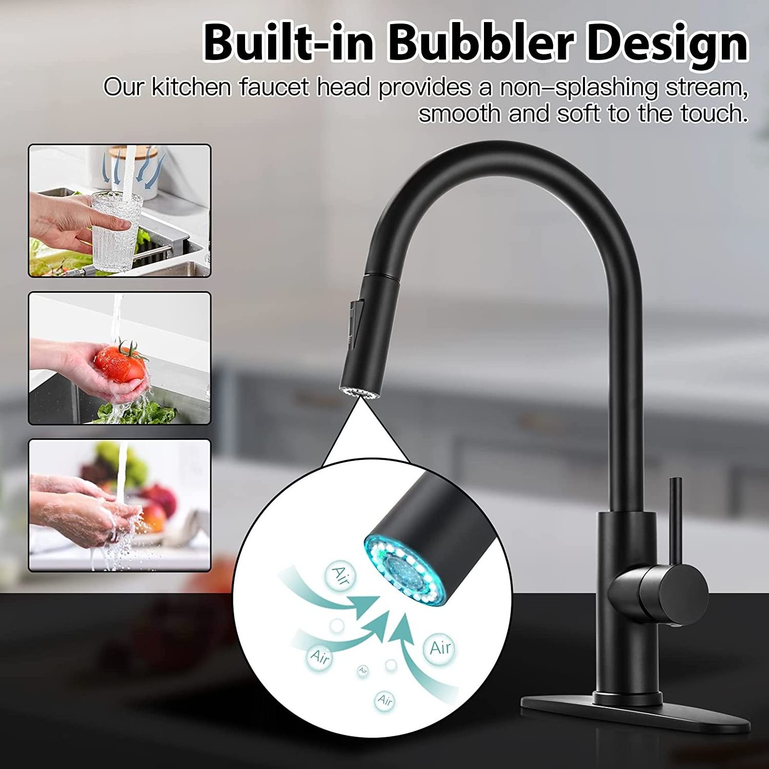 Kitchen Faucet Matte Black, Modern Kitchen Sink Faucet with Pull-Down Sprayer Single Handle Stainless Steel Sink Faucet