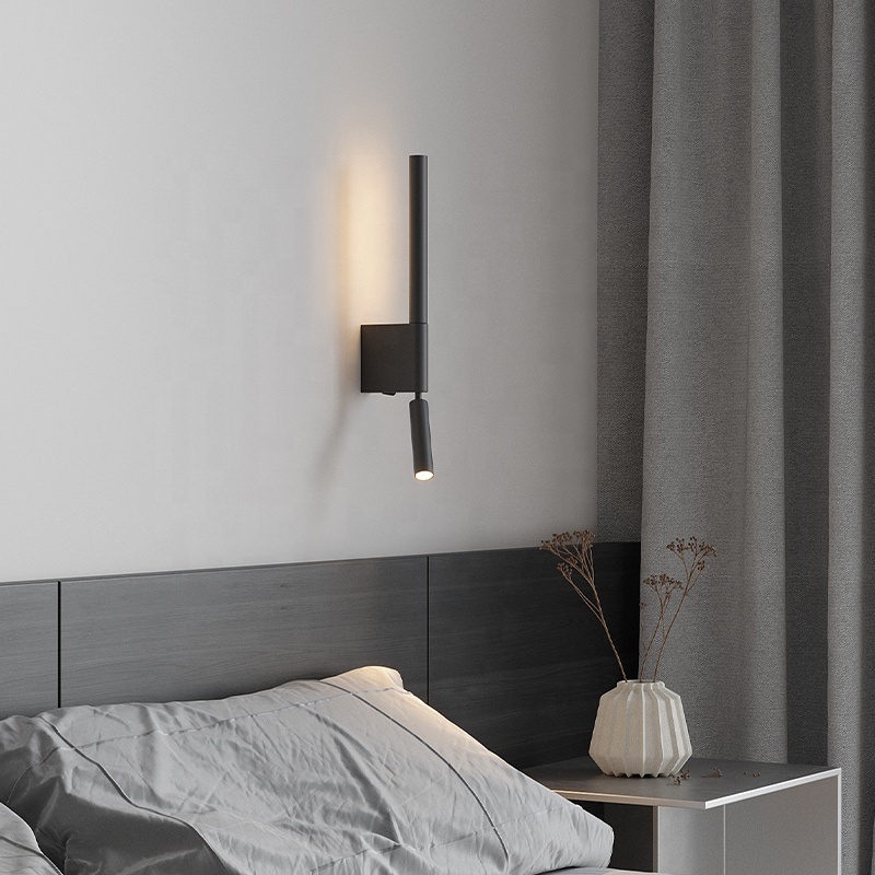 Black Long Wall Mount Bedside LED Night Reading Lamp with Switch Minimalist Modern Hotel Rotatable Wall Sconce Light Fixture