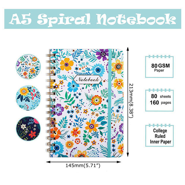 Lined Paper Journal Custom Floral Printed Spiral Binding Diary Notebook for Student Incentives Birthday Gift A5 Spiral Notebooks