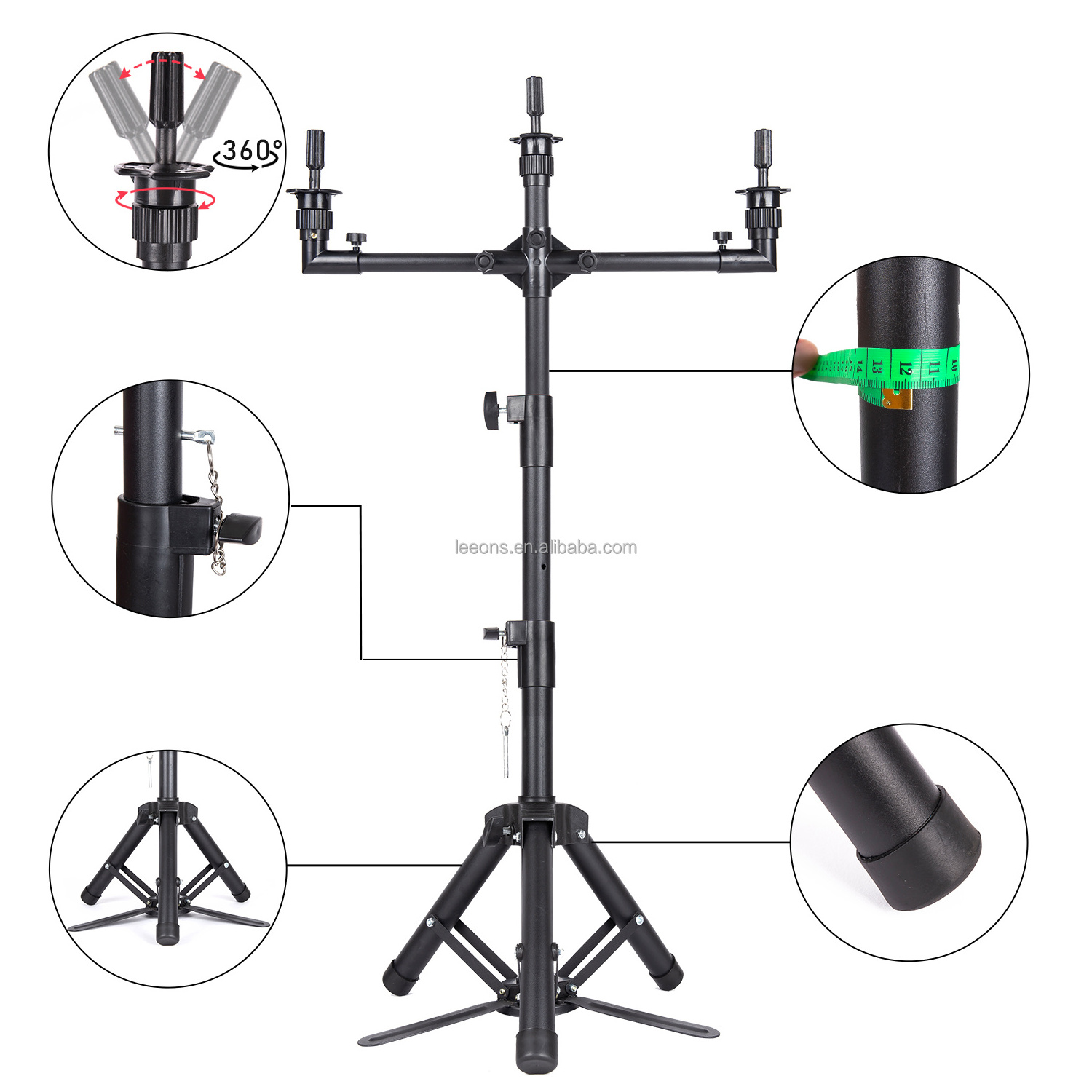 Leeons Heavy Duty Black Mannequin Canvas Head Tripod Wig Stand Tripod with Pedal for Wig Making Cosmetology