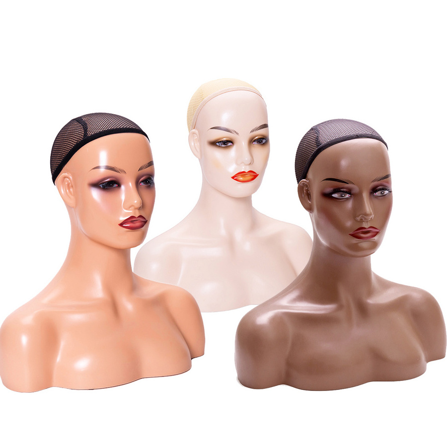 Factory Wholesale Custom Makeup African PVC Realistic Bust Female Wig Stand Mannequin Head with Shoulders for Display Wigs Hat