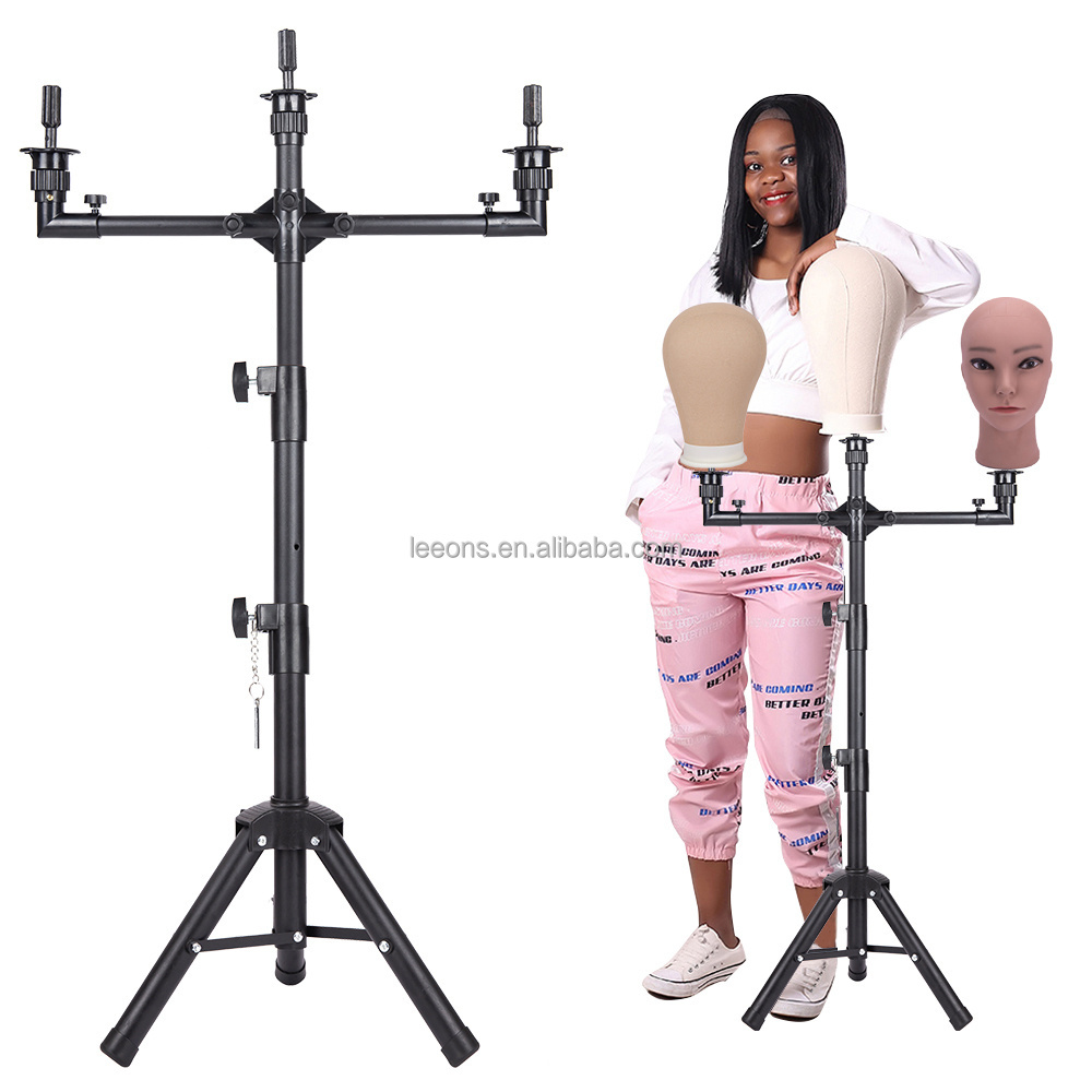 Leeons Heavy Duty Black Mannequin Canvas Head Tripod Wig Stand Tripod with Pedal for Wig Making Cosmetology