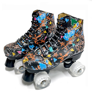 Microfiber Roller Skates Double Line Skates Women Men Adult Two Line Skating Shoes with White PU 4 Wheels Training