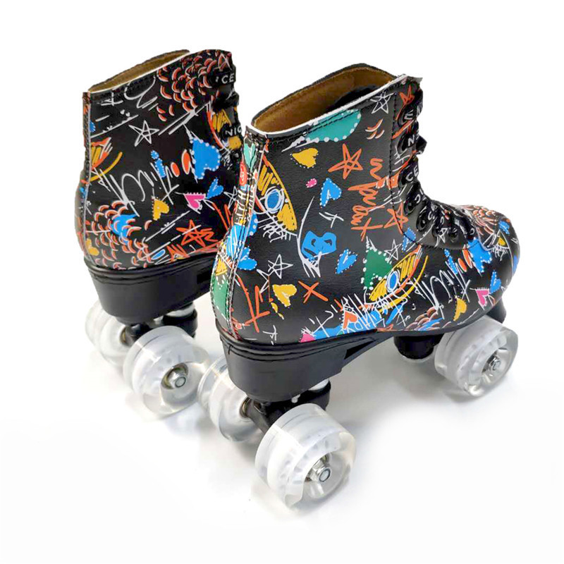 Microfiber Roller Skates Double Line Skates Women Men Adult Two Line Skating Shoes with White PU 4 Wheels Training