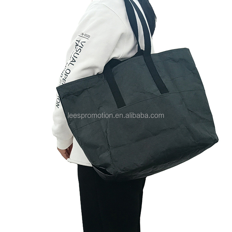 Eco-Friendly Coated Yohji Style Black Tyvek Tote Bag Waterproof Washable Dupont Paper Shopping Bag With Custom logo