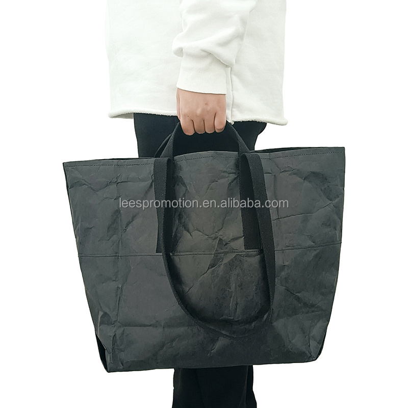 Eco-Friendly Coated Yohji Style Black Tyvek Tote Bag Waterproof Washable Dupont Paper Shopping Bag With Custom logo