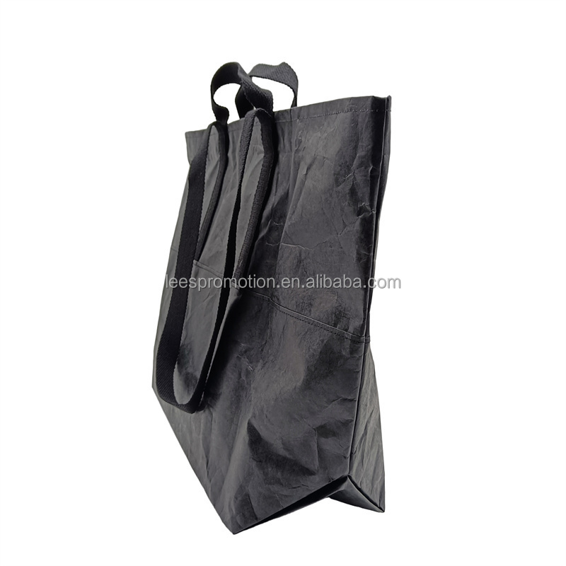 Eco-Friendly Coated Yohji Style Black Tyvek Tote Bag Waterproof Washable Dupont Paper Shopping Bag With Custom logo