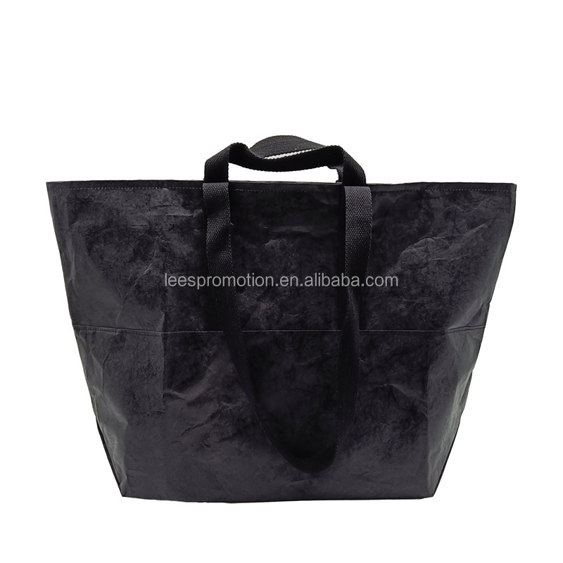 Eco-Friendly Coated Yohji Style Black Tyvek Tote Bag Waterproof Washable Dupont Paper Shopping Bag With Custom logo