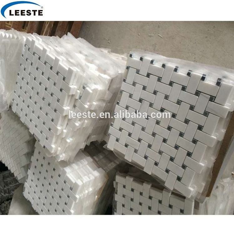 white design Bianco Basketweave Mosaic In White With Black Dot