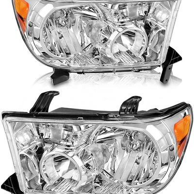 AS Headlight Assembly Compatible with 2007-2013 Toyota Tundra /2008-2017 Toyota Sequoia Chrome Housing Driver and Passenger Side