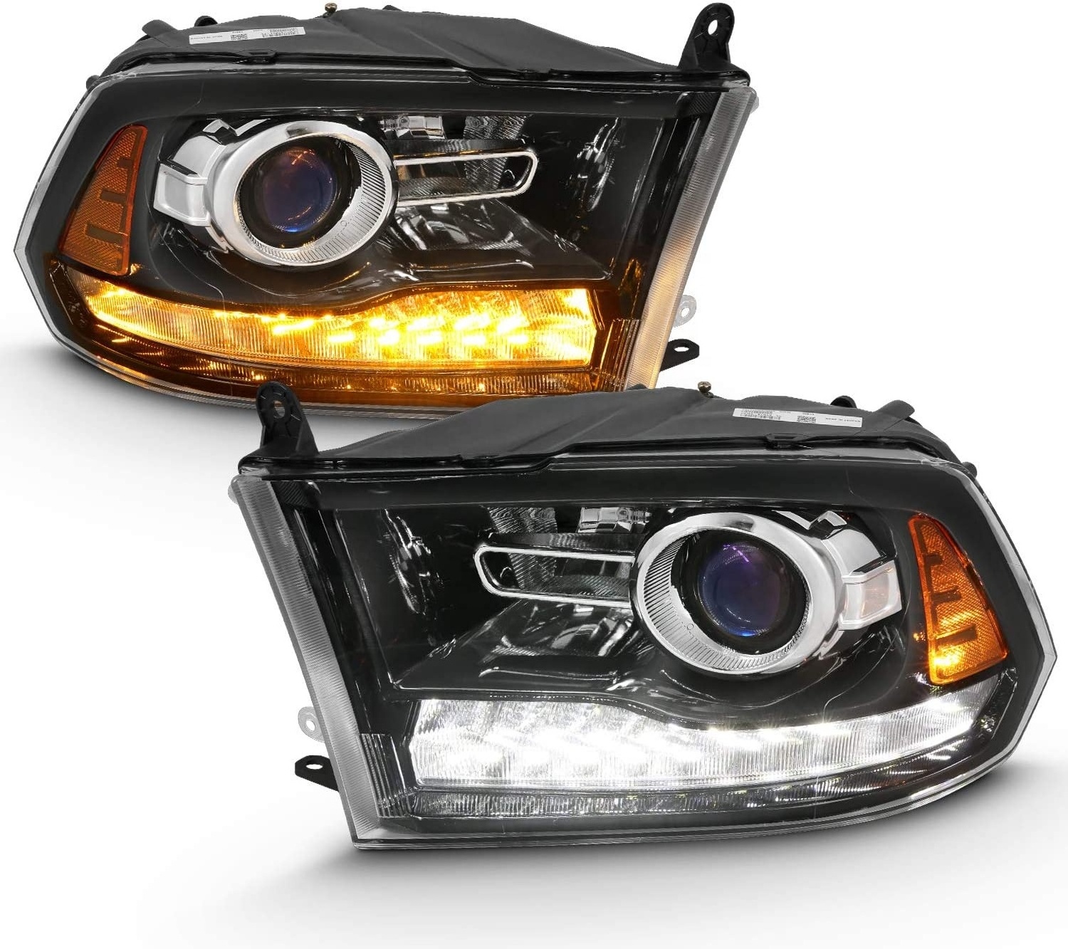 AmeriLite Jet Black Projector Headlights For 2009-2014 Dodge Ram 1500 2500 3500 Assembly w/LED Tube Switchback Turn Signal