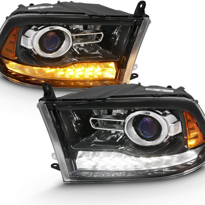 AmeriLite Jet Black Projector Headlights For 2009-2014 Dodge Ram 1500 2500 3500 Assembly w/LED Tube Switchback Turn Signal