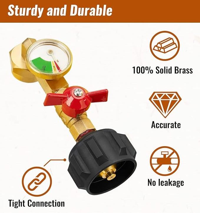 Propane Refill Adapter with Valve and Gauge Fits QCC1 / Type1 Propane Tank and 1 lb Throwaway Disposable Cylinder Connector