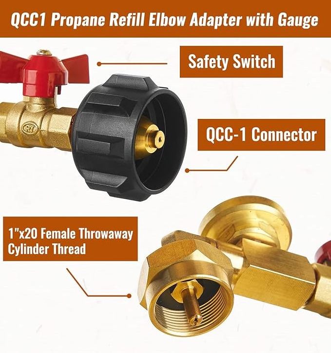 Propane Refill Adapter with Valve and Gauge Fits QCC1 / Type1 Propane Tank and 1 lb Throwaway Disposable Cylinder Connector